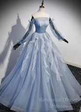 Light Blue Ball Gown Long Sleeves Beaded Party Dress, Light Blue Semi Formal Prom Dress